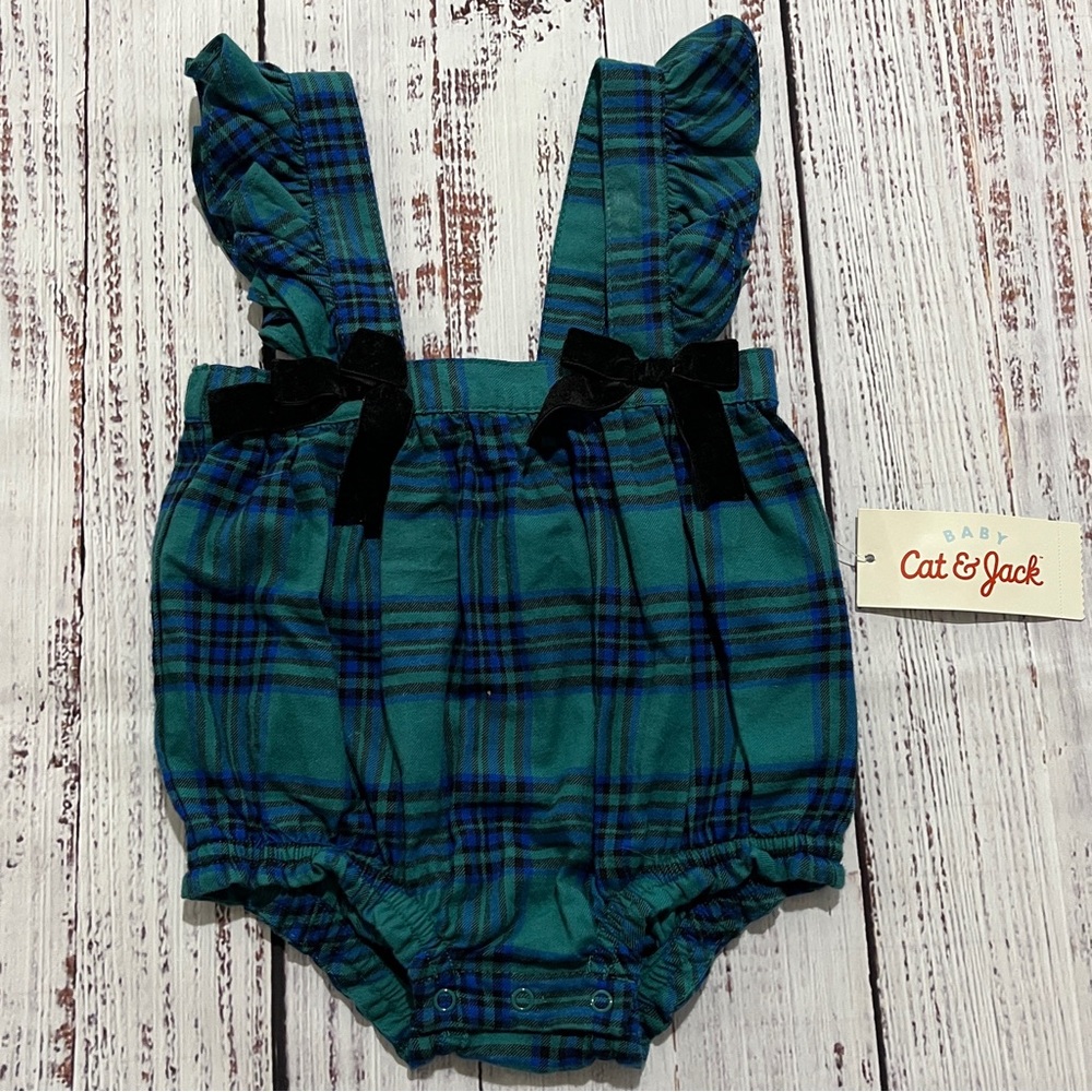 NWT Cat & Jack Green Plaid Baby Romper-Size 3-6 Months